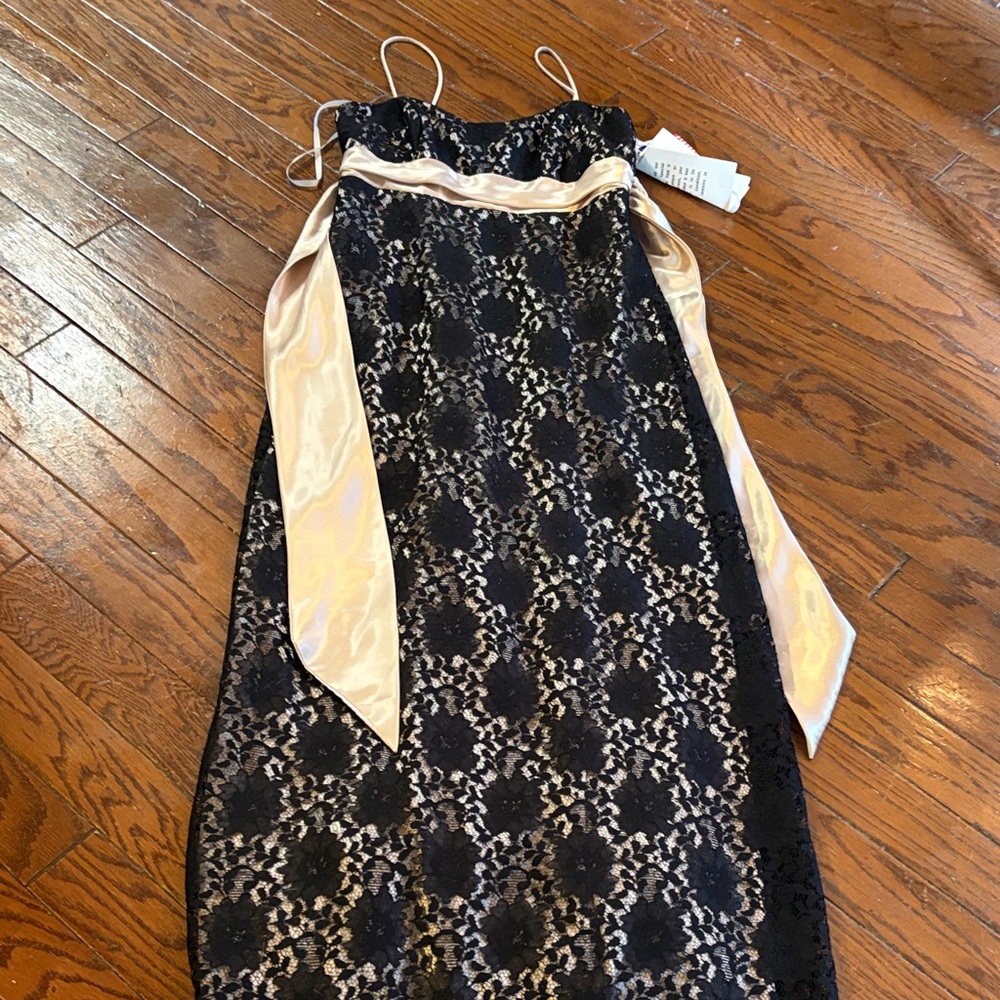 Betsy & Adam Black Lace Midi Dress with Cream Sash